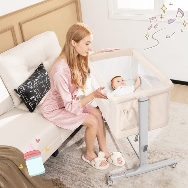 BABY JOY Bassinet Bedside Sleeper, 3 in 1 Folding Crib w/Adjustable Height, Mattress, Lockable Wheels, Storage Pocket & Carry Bag for Infant Newborn, Stationary & Rock, Portable Baby Bassinet (Beige) - Image 7