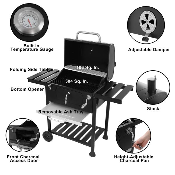 Royal Gourmet CD1824EN 24u201d Charcoal Grill Outdoor Smoker with Side Tables Backyard Griller Party BBQ Picnic Patio Cooking, Black - Image 9