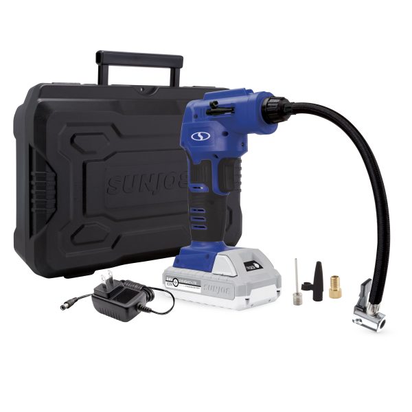 Sun Joe 24V-AJC-LTE-SJB Cordless Portable Air Compressor with Nozzle Adapters, Automatic Digital Pressure Gauge, Built-in LED Light & Case | 24-Volt | 2.0-Amp (Blue) - Image 3