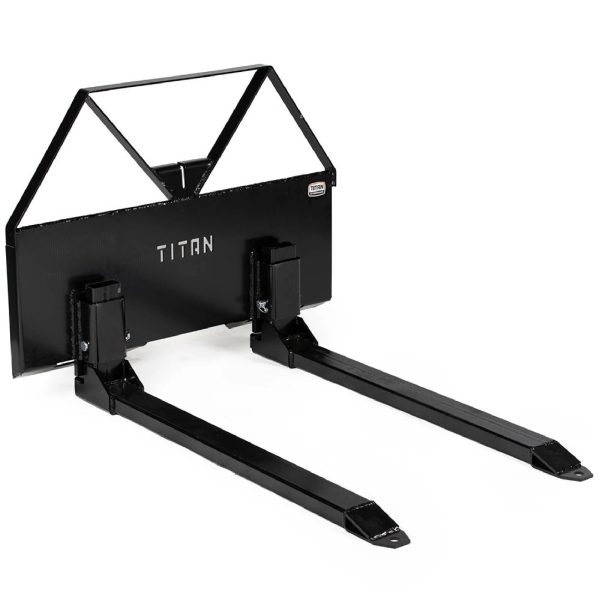 Titan Attachments Pin-On Pallet Fork Frame Attachment, 46" Hefty Fork Blades with Hitch Ball Hole, Chain Buckle Retainer, Universal Skid Steer Quick Tach Mounting System, 2600 LB Load Capacity