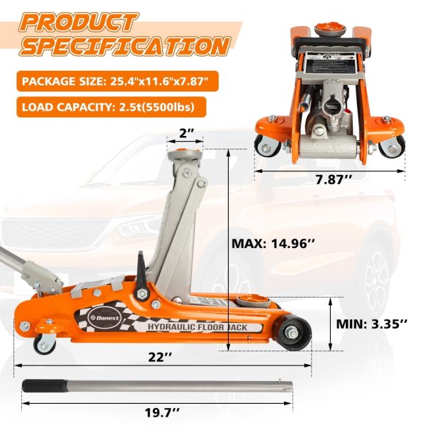 Donext Steel Floor Jack, Low Profile Hydraulic Racing Floor Jack, 2.5 Ton - Image 3