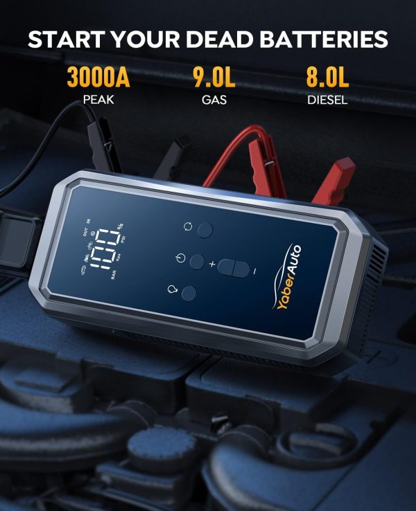 Car Jump Starter with Air Compressor 3000A 150PSI (9.0L Gas/8.0L Diesel)Portable Car Battery Jump Starter with Tire Inflator 12V DC PSU Jump Box Extended Jumper Cables Large LCD Display 300Lumen Light - Image 3