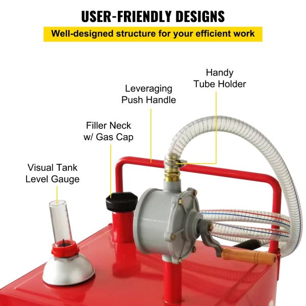 VEVOR 35-Gallon Fuel Caddy with Manual Transfer Pump, Gas Storage Tank on 4 Wheels for Gasoline, Diesel - Image 5