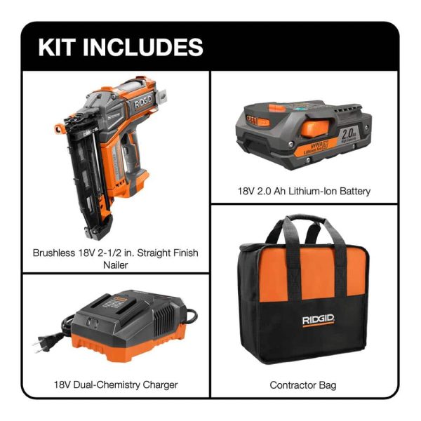 18V Brushless Cordless HYPERDRIVE 16-Gauge 2-1/2 in Straight Finish Nailer, 2 Ah Battery, Charger, Belt Clip and Bag R09892K - Image 2