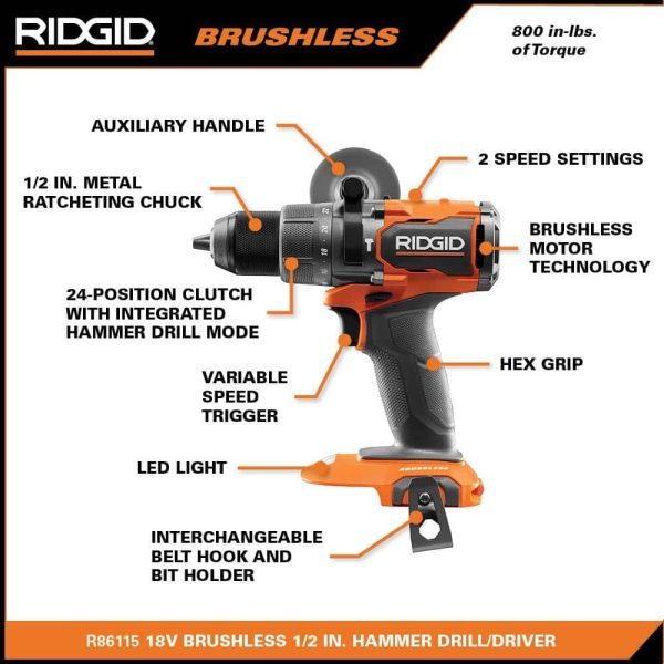 18V Brushless Cordless 1/2 in. Hammer Drill/Driver (Tool Only) R86115B - Image 3