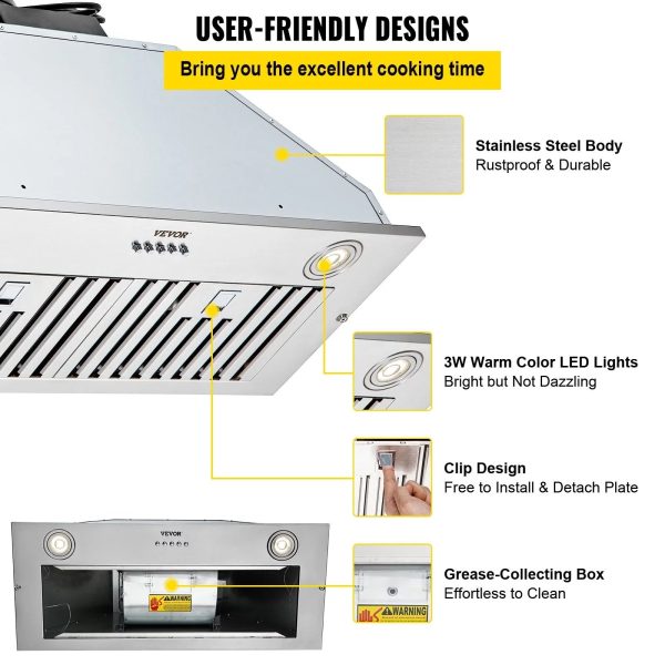 VEVOR Insert Range Hood 800CFM 3-Speed Inch Stainless Steel Built-in Kitchen Vent 30In - Image 5