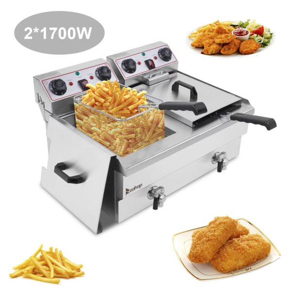 EH102V 16.9QT Stainless Steel Double Tank Deep Fryer 3400W MAX (8L + 8L Capacity) - Large Handle, Ideal for Big Blue Fans - Image 2