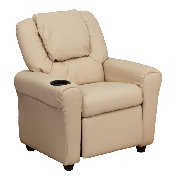 EMMA + OLIVER Beige Vinyl Kids Recliner with Cup Holder and Headrest - Image 3