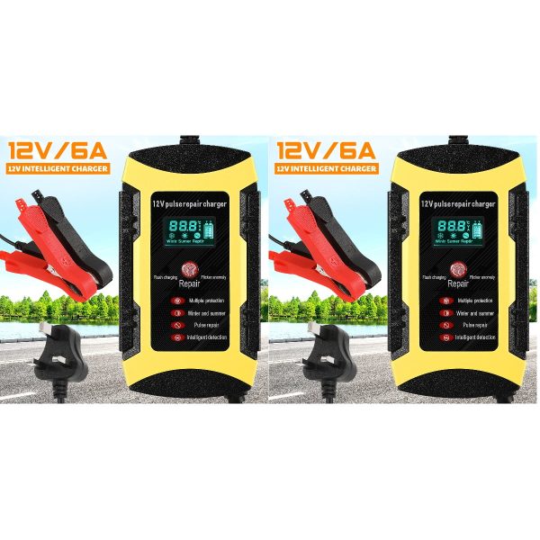 2pcs Car Battery Charger Automatic Smart Battery Maintainer with Digital Display Screen Pulse Repair Charger for SUV Car Lawn Mower Motorcycle Boat (UK Plug)