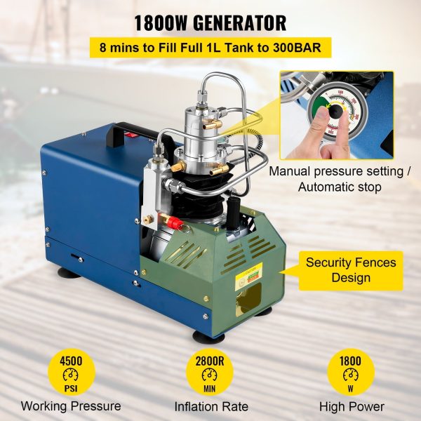 VEVORbrand High Pressure Compressor, 4500PSI/30MPA/300BAR High Pressure Air Compressor, 1800W 110V Automatic Stop Air Rifle Compressor for Paintball Air Rifle, PCP Rifle, Air Pistol, Diving Bottle - Image 2