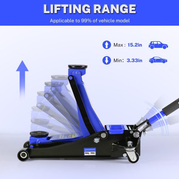 Seizeen Floor Jack 3 Ton, Low Profile Jack Quick Lift Pump 3.3"-18.5", Hydraulic Trolley Jack with 45" Extended Handle and Rubber Saddle, Heavy-Duty Steel Car Jack Lift, 6600LBS - Image 6