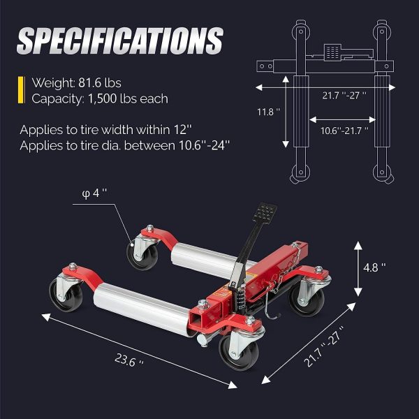 TUFFIOM Car Wheel Dolly Jack Set of 2, Hydraulic 1500-lbs Car Skates, 12'' Wheel Vehicle Positioning Jack, Heavy Duty Rollers with Foot Pedal for Tire Auto Repair Moving, Red/ Blue - Image 6