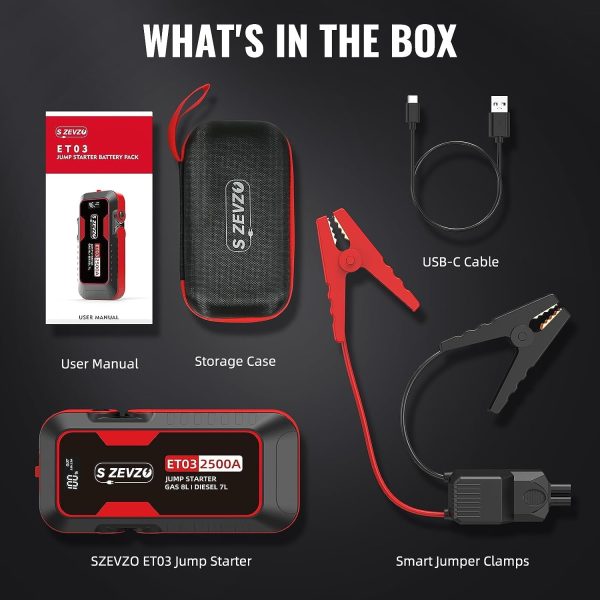 ET03 Car Jump Starter 2500A Jump Starter Battery Pack for Up to 8.0L Gas and 7.0L Diesel Engines, 74Wh Portable 12V Jump Box with USB Ports, LCD Display, Storage Case, and LED Light - Image 6