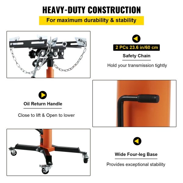 VEVOR Transmission Jack 1100 lbs 2-Stage Hydraulic High Lift Vertical Telescopic,Orange - Image 6