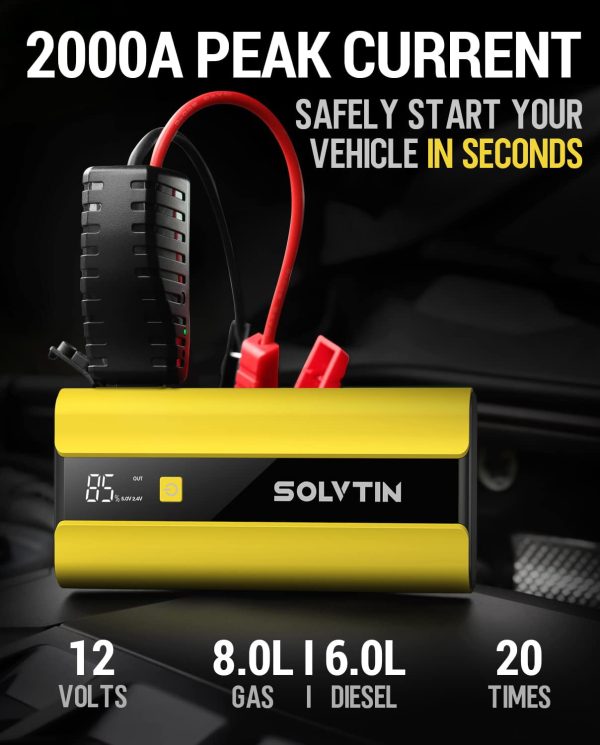 SOLVTIN S6 Pro Jump Starter 2000A Peak, Portable Car Jump Starter for up to 8L Gas and 6L Diesel, 12V Battery Booster Pack with LCD Display, Jumper Cables, PD30W Type-C Port, QC3.0, LED Light - Image 5