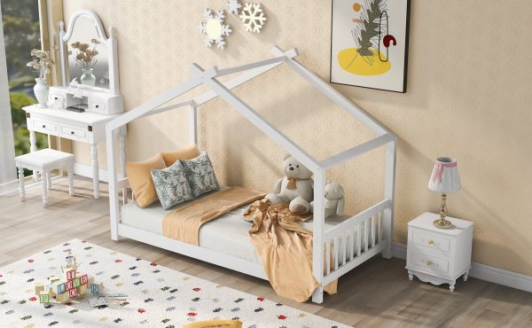 Twin Size White House Platform Bed with Roof Design Headboard and Footboard, Kids Bedroom Furniture - Image 3