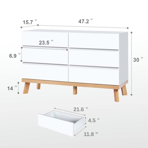 YIGOBUY White Dresser for Bedroom 6 Drawer Double Dresser Chest of Drawers Large Storage Cabinet White Dresser for Bedroom, Living Room, Hallway (White) - Image 3