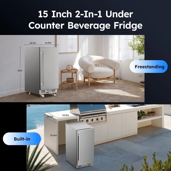 Ecojoy Outdoor Beverage Refrigerator, 15 Inch Stainless Steel Under Counter Beer Beverage Fridge for 120 Cans w/ 37-65℉ - Image 4