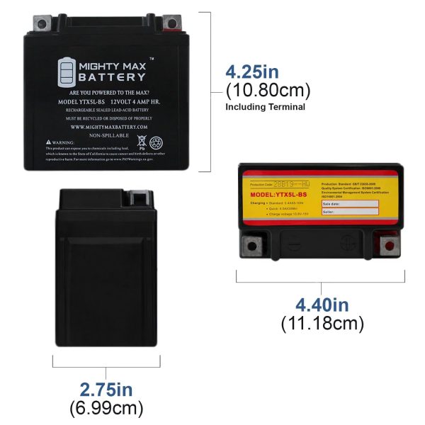 YTX5L-BS Battery Replaces Aprilia SR H2O Di-Tech 50 00-04 - 4 Pack - Image 2