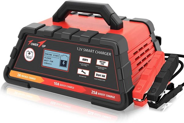 Towertop 12V 2/10/25A Smart Battery Charger/Maintainer Fully Automatic with Engine Start, Cable Clamps