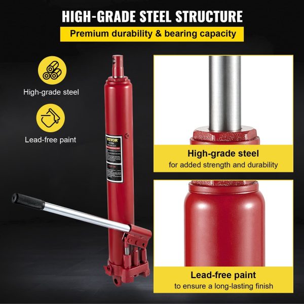 VEVOR Hydraulic Long Ram Jack, 8 Tons/17636 lbs Capacity, with Dual Piston Pump and Clevis Base, Manual Cherry Picker with Handle, for Garage/Shop Cranes, Engine Lift Hoist, Red - Image 2