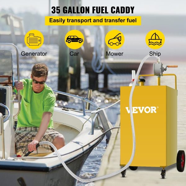 VEVOR 35 Gallon Gas Caddy, Fuel Storage Tank with 4 Wheels, Portable Fuel Caddy with Manuel Transfer Pump, Gasoline Diesel Fuel Container for Cars, Lawn Mowers, ATVs, Boats, More, Yellow - Image 2