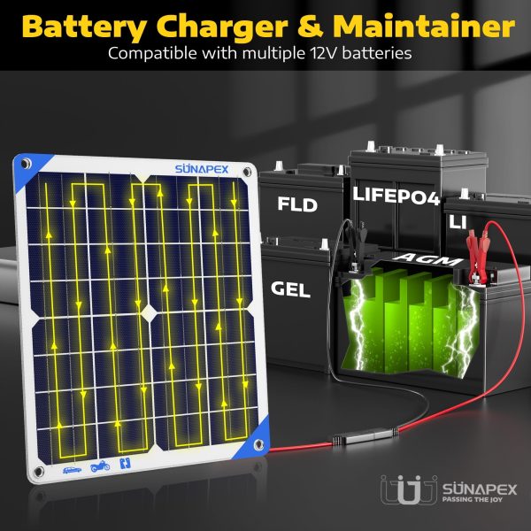 SUNAPEX Solar Battery Charger Maintainer 12 Volt Waterproof Solar Panel Charger 20W Solar Trickle Charger for Car Truck Boat RV Motorcycle Marine Tractor Battery - Image 6