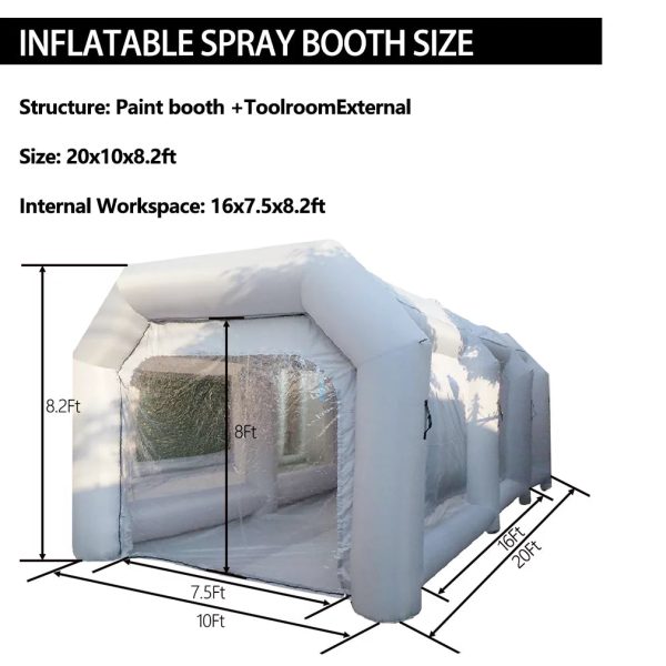 WGIA Portable Inflatable Paint Booth 20x10x8.2Ft Grey 2 Blowers Inflatable Spray Booth with Air Filter System - Image 2