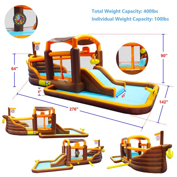 Track 7 Inflatable Water Park,Inflatable Big Bounce House Cruise Ship Pattern Slide Water Park Bouncer with Splash Pool & Basketball & Blower - Image 6