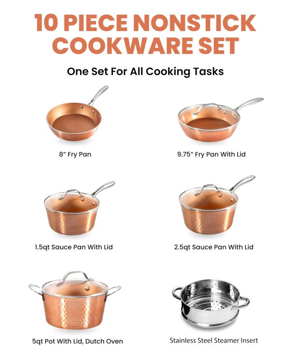 Gotham Steel 10 Pc Hammered Copper Pots and Pans Set Nonstick Cookware Set, Pot and Pan Set, Kitchen Cookware Sets, Non Toxic Cookware Set with Lids, Pot Set, Dishwasher / Oven Safe, 100% Toxin Free - Image 2