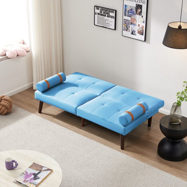 Blue Linen Modern Convertible Futon Sofa Bed with Solid Wood Legs for Versatile Sleeping Options and Stylish Living Room Decor. - Image 5