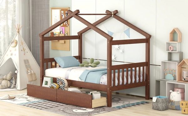 Upgrade your bedroom decor with this cozy and elegant Twin Size Wooden House Bed. Featuring spacious drawers and a stylish walnut finish this bed is the perfect addition to your bedroom. - Image 3