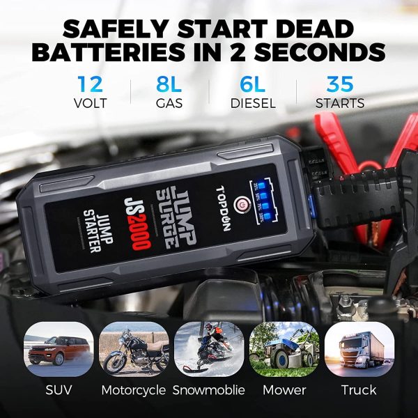 Car Battery Charger Jump Starter, TOPDON JS2000 12V 2000A Peak Portable Battery Booster Battery Jump Starter for Up to 8L Gas/6L Diesel Engines - Image 2