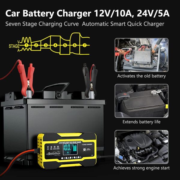 10-Amp Battery Charger Automotive, 24V And 12V Car Battery Charger, Battery Maintainer with Temperature Compensation for Car, Lawn Mower, Motorcycle, Boat, SUV And More - Image 2