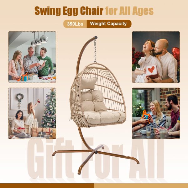 NICESOULu00ae Swing Egg Chair with Stand Indoor Outdoor Wicker Rattan Patio Basket Hanging Chair with UV Resistant Cushions 350lbs Capaticy for Bedroom Balcony Patio (Cream) - Image 8