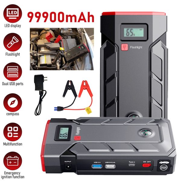 Car Jump Starter, 99900mAh Battery Jump Starter for All Gas or Up to 10L Diesel, Battery Booster Power Pack, 12V Auto Jump Box with LED Light, USB Quick Charge 3.0 - Image 3