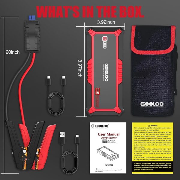 GOOLOO GP3000 Car Jump Starter,3000A Peak Jump Pack(Up to 9.0L Gas and 7.0L Diesel Engine)with USB Quick Charge,Portable 12V Lithium Battery Booster Box Car Starter - Image 7