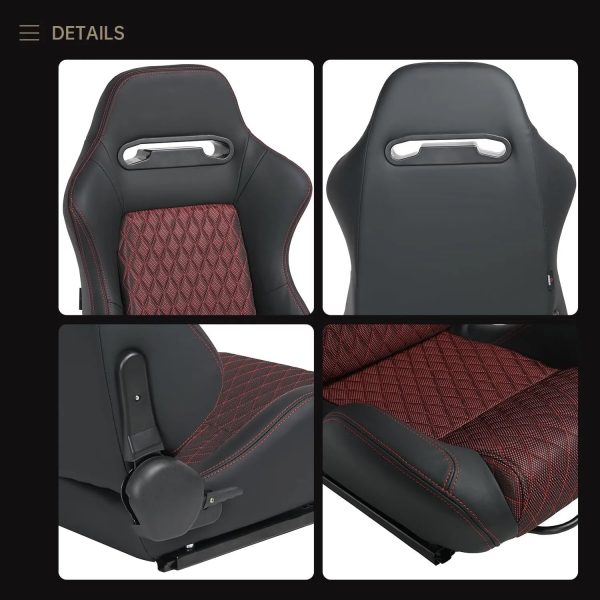 Universal Set of 2 Racing Seats Pair Black Leather Reclinable Bucket Sport Seats - Image 7