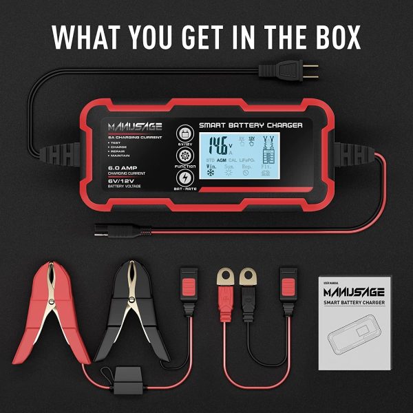 Manusage 10-Amp Fully-Automatic Smart Charger, 6V and 12V Portable Automotive Car Battery Charger, Battery Maintainer, Trickle Charger,Battery Desulfator with Temperature Compensation, AGM,Deep Cycle - Image 2