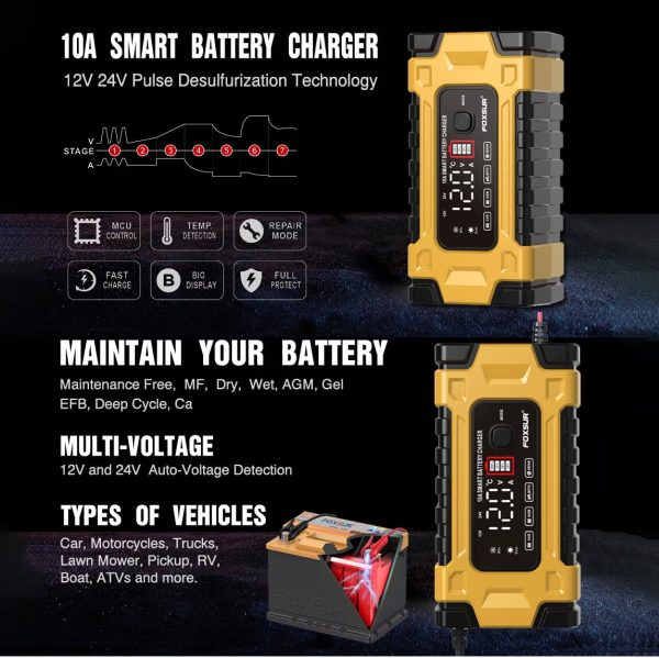 FASLMH Battery Charger 10A 24V5A Smart Automatic Car Battery Charger with LCD Screen Pulse Repair Charger Pack Battery Maintainer for Car, Lawn Mower, Motorcycle, Boat, SUV and More - Image 2