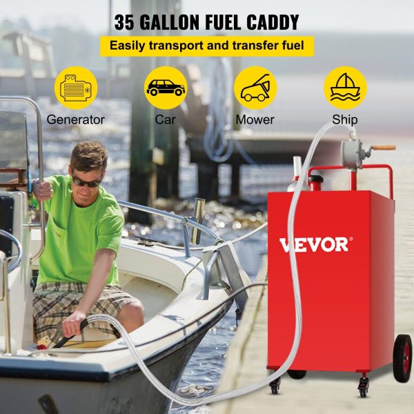 VEVOR 35 Gallon Gas Caddy, Fuel Storage Tank with 4 Wheels, Portable Fuel Caddy with Manuel Transfer Pump, Gasoline Diesel Fuel Container for Cars, Lawn Mowers, ATVs, Boats, More, Red - Image 5