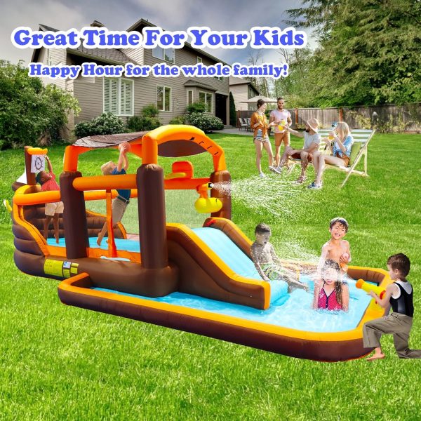 Track 7 Inflatable Water Park,Inflatable Big Bounce House Cruise Ship Pattern Slide Water Park Bouncer with Splash Pool & Basketball & Blower - Image 2