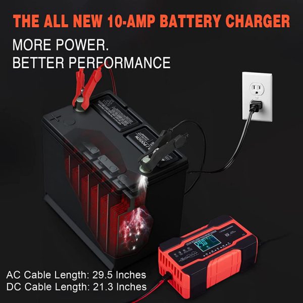 10-Amp Battery Charger Automotive, 24V And 12V Car Battery Charger, Battery Maintainer with Temperature Compensation for Car, Lawn Mower, Motorcycle, Boat, SUV And More - Image 2