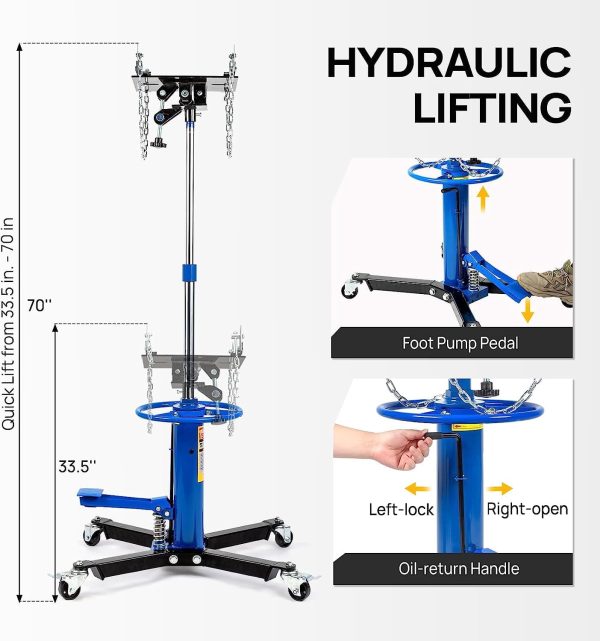 TUFFIOM Transmission Jack, 1,100 lbs 1/2-Ton Hydraulic 2-Stage High Lift Vertical Telescoping Floor Jack Stand, 34" to 68" Lifting Range, w/Pedal, 360° Swivel Wheels, Garage/Shop Lift Hoist - Image 4