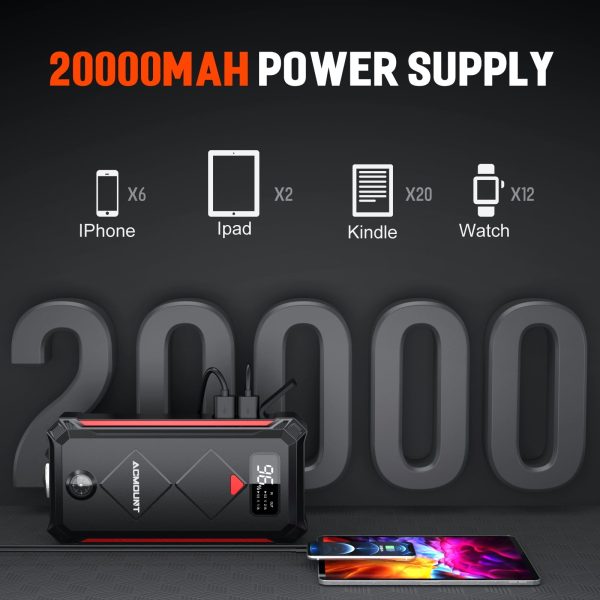 Car Jump Starter, Acmount 2000A 12V Portable Battery Jump Starter Box for up to 9L Gas or 7L Diesel Engine with LED Screen & LED Light - Image 2