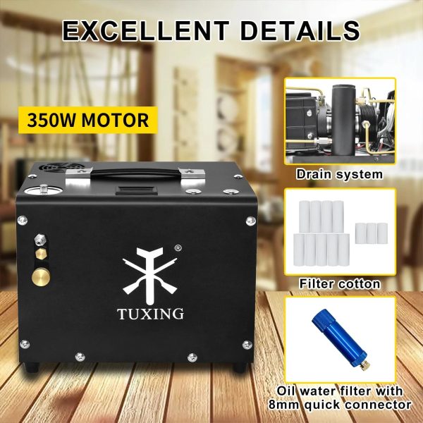 TUXING 4500Psi PCP Air Compressor,Auto-Stop,Oil/Water-Free, High Pressure Air Compressor for Paintball Tank Pump with Water/Oil Separator,Built-in Power Adapter(110V AC or 12V Car Battery) - Image 7