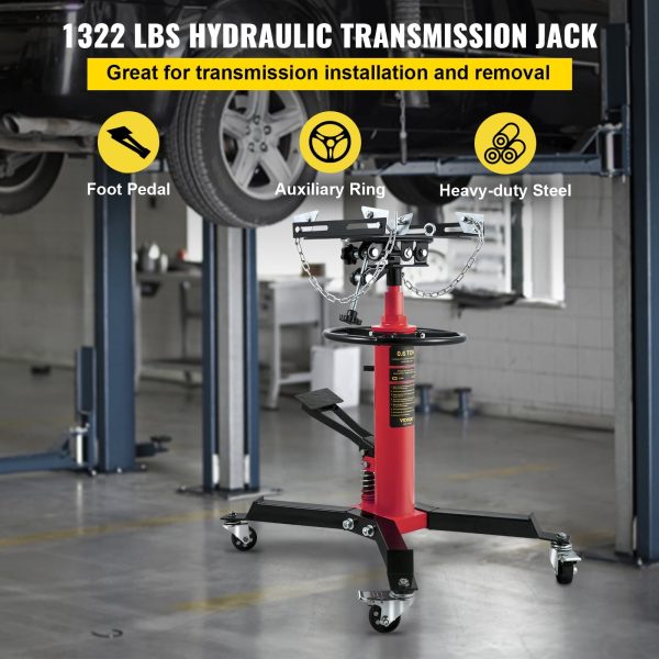 VEVOR Transmission Jack,3/5 Ton/1322 lbs Capacity Hydraulic Telescopic Transmission Jack, 2-Stage Floor Jack Stand with Foot Pedal, 360° Swivel Wheel, Garage/Shop Lift Hoist, Red - Image 2