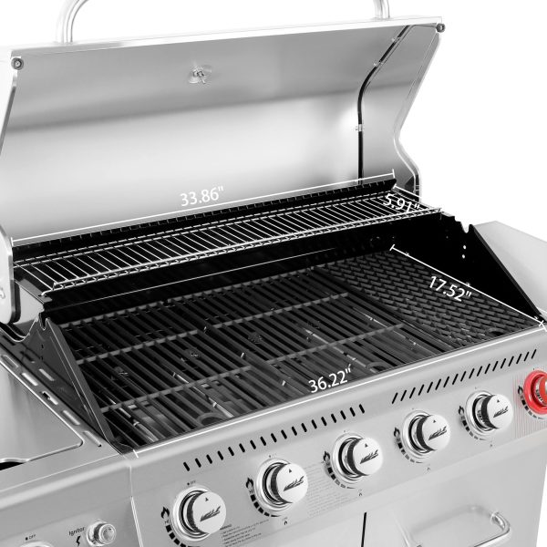 Royal Gourmet GA6402S Stainless Steel Gas Grill, Premier 6-Burner Propane Grill with Sear Burner and Side Burner, 74,000 BTU, Cabinet Style, Outdoor BBQ Party Grill, Silver - Image 7