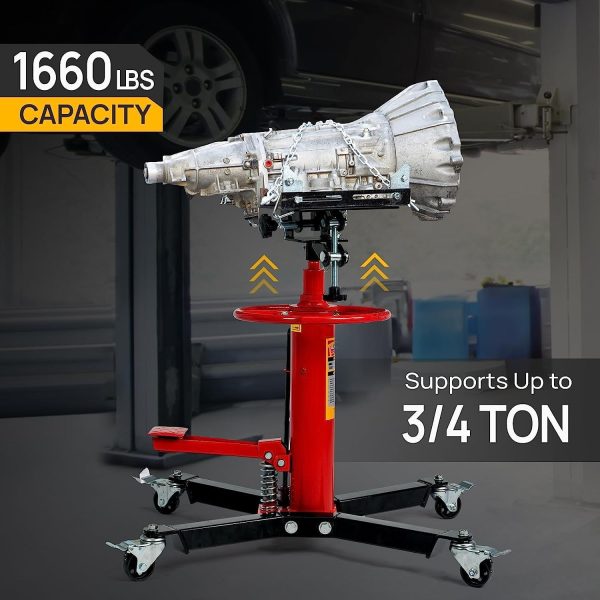 TUFFIOM Transmission Jack, 1660 lbs 3/4-Ton Hydraulic 2-Stage High Lift Vertical Telescoping Floor Jack Stand, 34" to 68" Lifting Range, w/Pedal, 360° Swivel Wheels, Garage/Shop Lift Hoist - Image 2