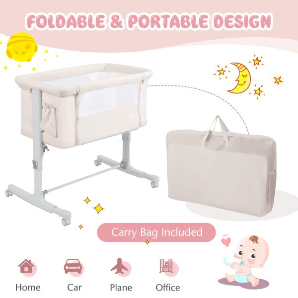 BABY JOY Bassinet Bedside Sleeper, 3 in 1 Folding Crib w/Adjustable Height, Mattress, Lockable Wheels, Storage Pocket & Carry Bag for Infant Newborn, Stationary & Rock, Portable Baby Bassinet (Beige) - Image 8